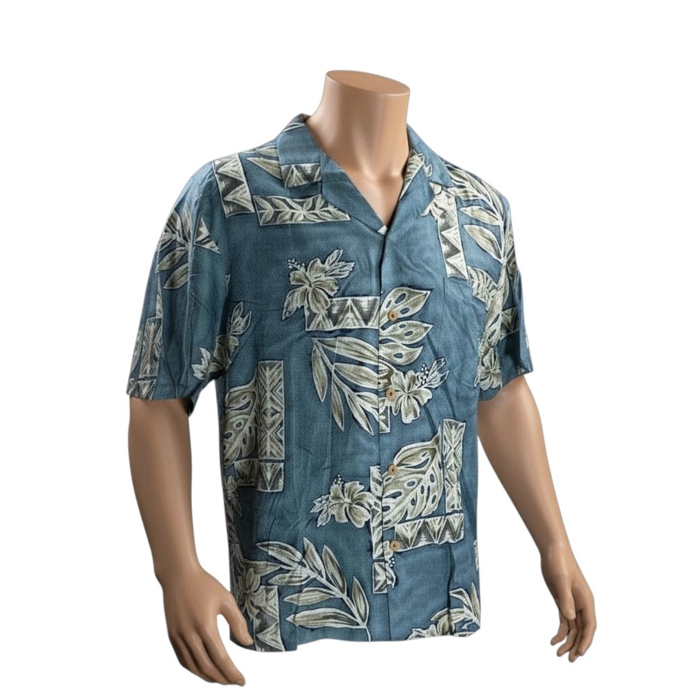 Paradise Found Hawaiian Shirt Large Tribal Symbols Floral Leaves Blue Green NWT